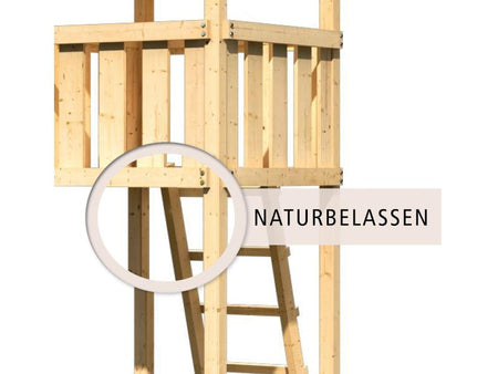 Karibu Spielturm Luis Satteldach + Rutsche blau + Doppelschaukel + Netzrampe