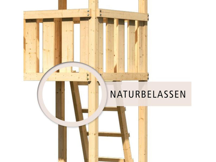Karibu Spielturm Luis Satteldach + Rutsche blau + Doppelschaukel + Netzrampe