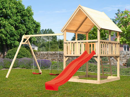 Karibu Spielturm Luis Satteldach + Rutsche rot + Doppelschaukel