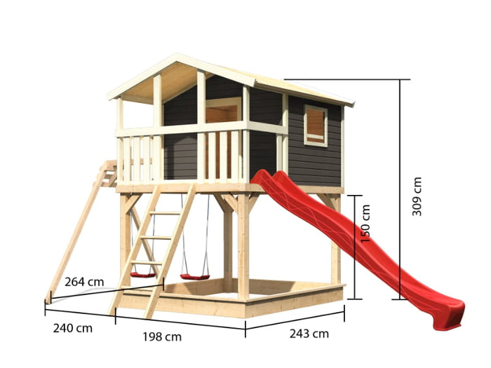 Karibu Stelzenhaus Benjamin in grau mit Rutsche in rot und Doppelschaukelanbau