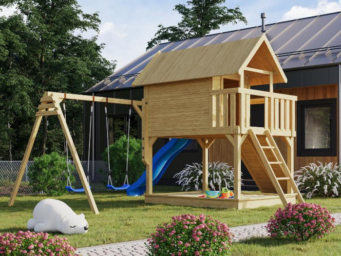 Karibu Stelzenhaus Fidel naturbelassen + Rutsche blau + Doppelschaukelanbau + Klettergerüst und Netz