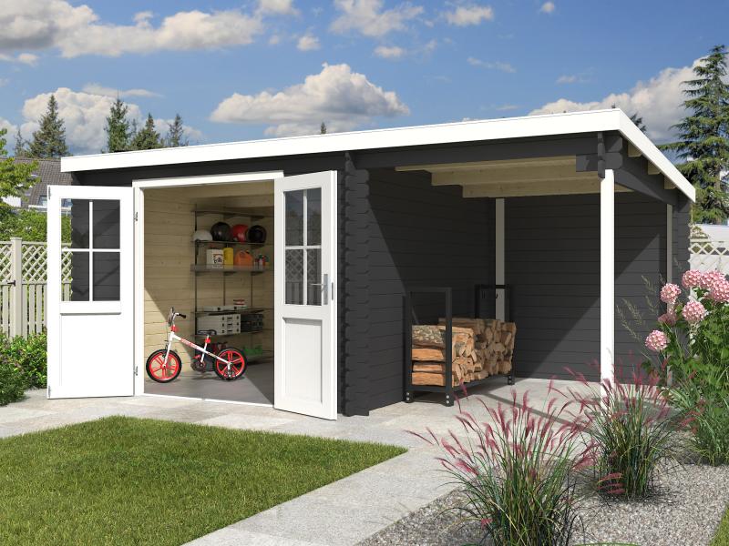 Lasita Blockbohlenhaus Tampa mit Anbau carbongrau 28 mm