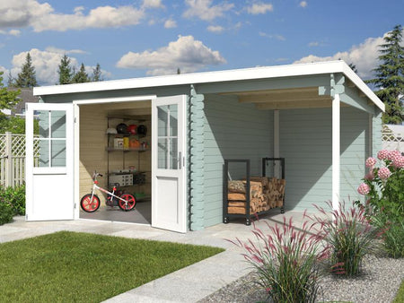 Lasita Blockbohlenhaus Tampa mit Anbau gletschergrün 28 mm