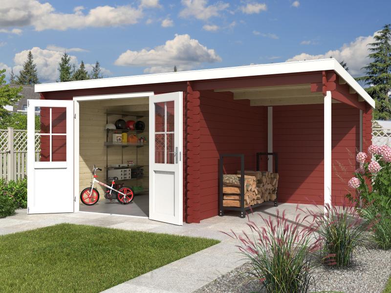 Lasita Blockbohlenhaus Tampa mit Anbau schwedenrot 28 mm