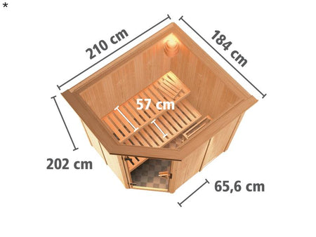 Lilja - Karibu Sauna Plug & Play 3,6 kW Bio Ofen, ext. Steuerung - mit Dachkranz - Moderne Saunatür