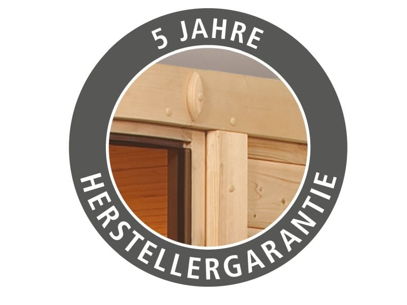 Lilja - Karibu Sauna Plug & Play 3,6 kW Ofen, ext. Steuerung - mit Dachkranz - Klarglas Ganzglastür