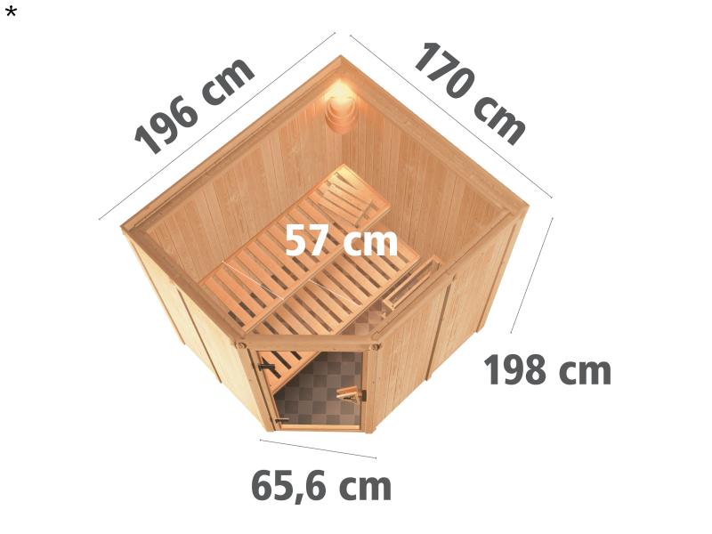 Lilja - Karibu Sauna Plug & Play 3,6 kW Ofen, int. Steuerung - ohne Dachkranz - Moderne Saunatür