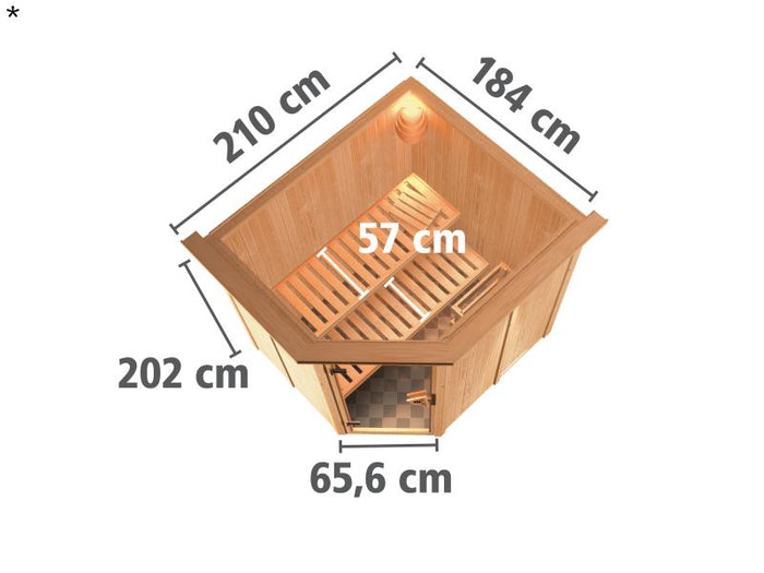 Lilja - Karibu Sauna Plug & Play ohne Ofen - mit Dachkranz - Energiespartür