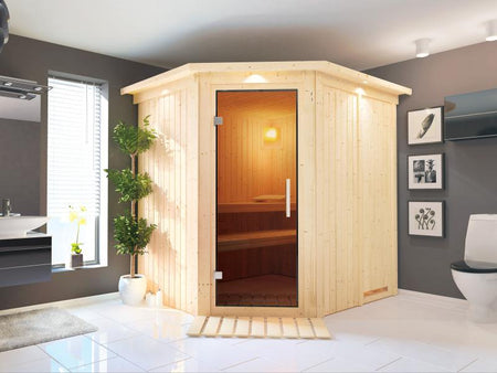 Lilja - Karibu Sauna Plug & Play ohne Ofen - mit Dachkranz - Moderne Saunatür