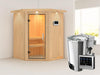Nanja - Karibu Sauna Plug & Play 3,6 kW Bio Ofen, ext. Steuerung - mit Dachkranz - Klarglas Ganzglas