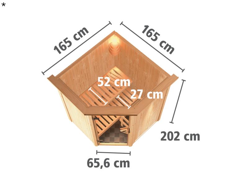 Nanja - Karibu Sauna Plug & Play 3,6 kW Ofen, ext. Steuerung - mit Dachkranz - Moderne Saunatür