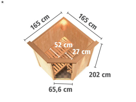 Nanja - Karibu Sauna Plug & Play 3,6 kW Ofen, ext. Steuerung - mit Dachkranz - Klarglas Ganzglastür
