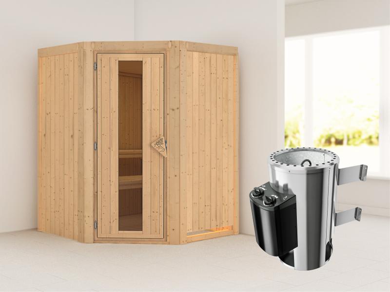 Nanja - Karibu Sauna Plug & Play 3,6 kW Ofen, int. Steuerung - ohne Dachkranz - Energiespartür