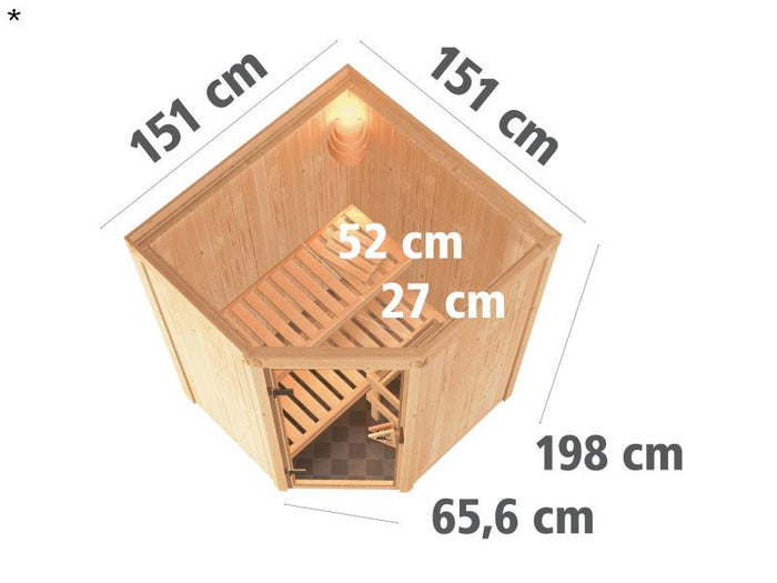 Nanja - Karibu Sauna Plug & Play 3,6 kW Ofen, int. Steuerung - ohne Dachkranz - Energiespartür