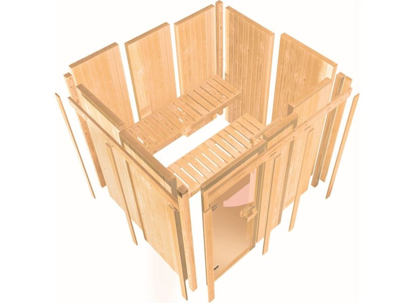 Nanja - Karibu Sauna Plug & Play 3,6 kW Ofen, int. Steuerung - ohne Dachkranz - moderne Saunatür
