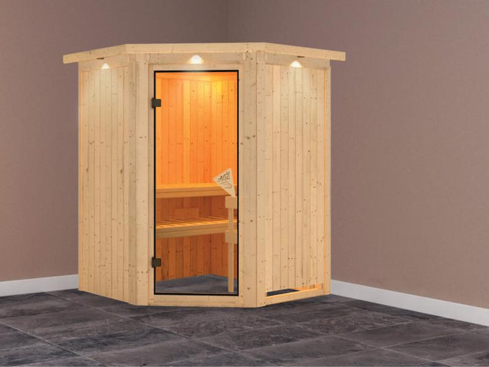 Nanja - Karibu Sauna Plug & Play ohne Ofen - mit Dachkranz -