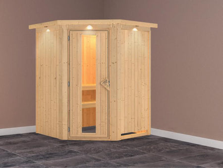 Nanja - Karibu Sauna Plug & Play ohne Ofen - mit Dachkranz - Energiespartür