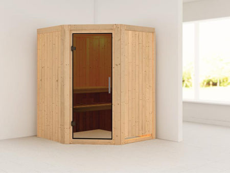 Nanja - Karibu Sauna Plug & Play ohne Ofen - ohne Dachkranz - moderne Saunatür