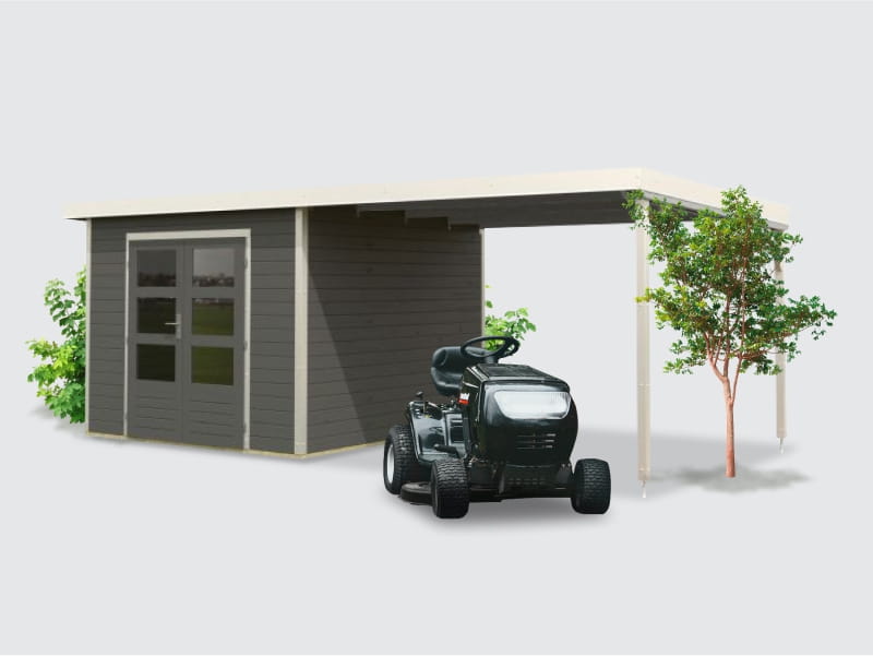 Osb smart choice Hybrid Gartenhaus Woodtallic B, terragrau/weiß im Set mit Fußboden, inkl. 3 m Anbau