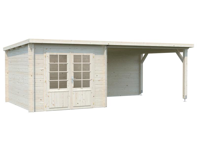 Palmako Blockbohlenhaus Ella 6,9 + 10,0 mit Anbaudach und Rückwand 28 mm natur