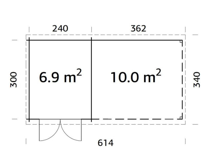 Palmako Blockbohlenhaus Ella 6,9 + 10,0 mit Anbaudach und Rückwand 28 mm natur