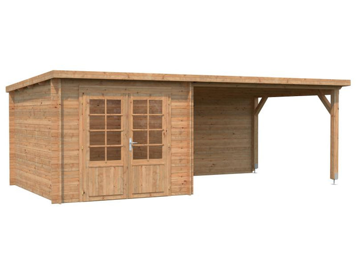 Palmako Blockbohlenhaus Ella 6,9 + 10,0 mit Anbaudach und Rückwand 28 mm braune Tauchgrundierung