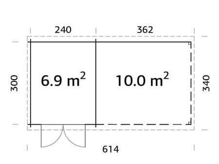 Palmako Blockbohlenhaus Ella 6,9 + 10,0 mit Anbaudach und Rückwand 28 mm braune Tauchgrundierung