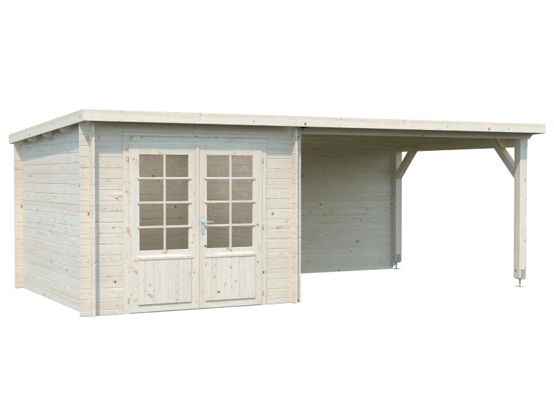 Palmako Blockbohlenhaus Ella 6,9 + 10,0 mit Anbaudach und Rückwand 28 mm transparente Tauchgrundieru
