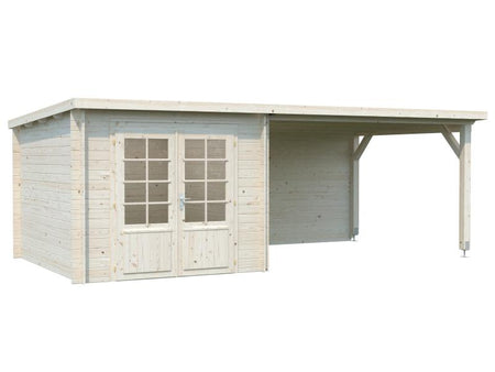 Palmako Blockbohlenhaus Ella 6,9 + 10,0 mit Anbaudach und Rückwand 28 mm transparente Tauchgrundieru