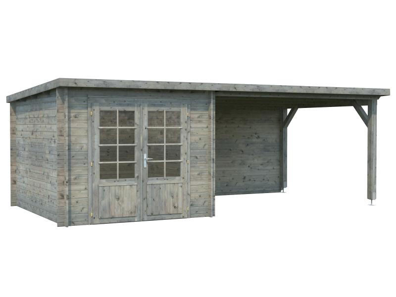 Palmako Blockbohlenhaus Ella 6,9 + 10,0 mit Anbaudach und Rückwand 28 mm graue Tauchgrundierung