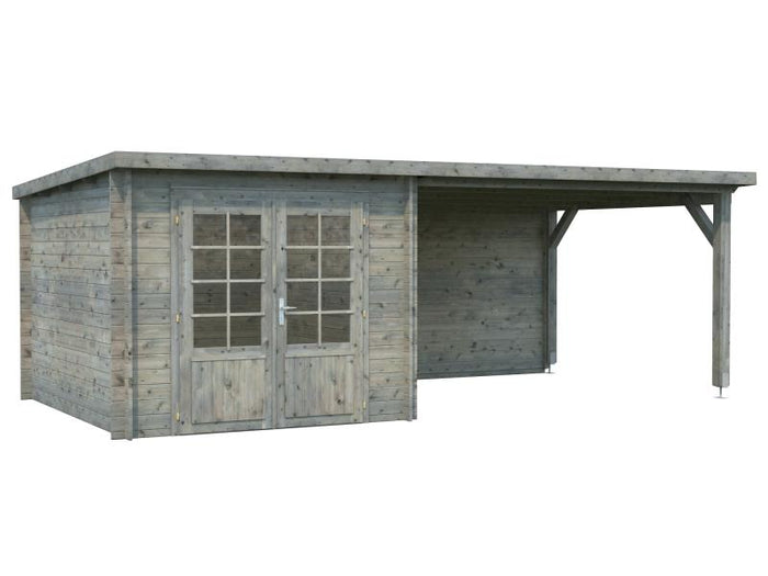 Palmako Blockbohlenhaus Ella 6,9 + 10,0 mit Anbaudach und Rückwand 28 mm graue Tauchgrundierung