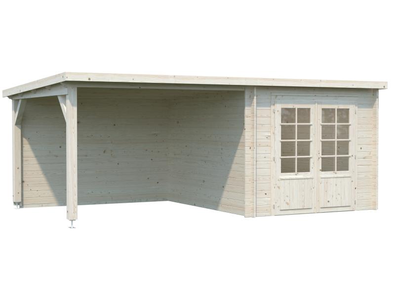 Palmako Blockbohlenhaus Ella 6,9 + 8,2 mit Anbaudach und Rückwand 28 mm natur