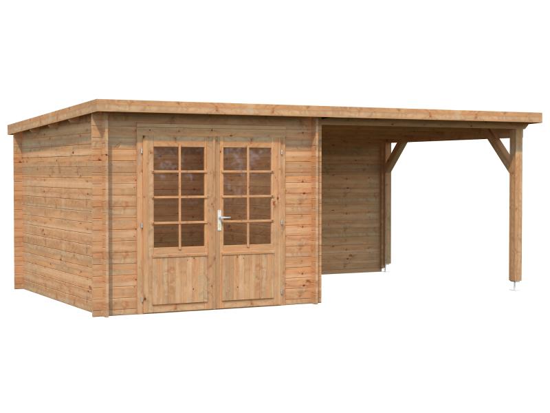 Palmako Blockbohlenhaus Ella 6,9 + 8,2 mit Anbaudach und Rückwand 28 mm braune Tauchgrundierung