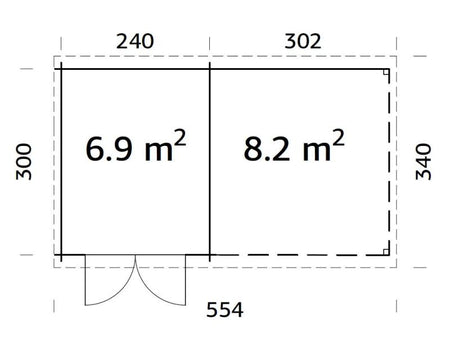 Palmako Blockbohlenhaus Ella 6,9 + 8,2 mit Anbaudach und Rückwand 28 mm braune Tauchgrundierung