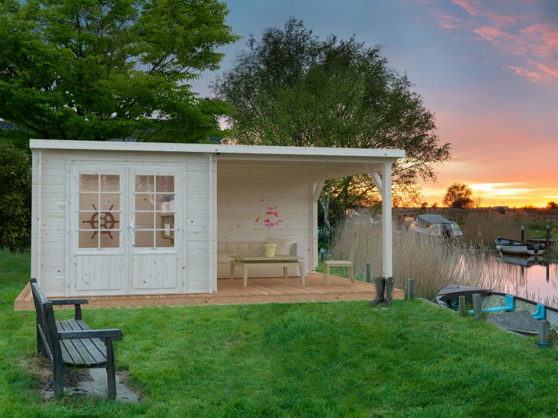 Palmako Blockbohlenhaus Ella 6,9 + 8,2 mit Anbaudach und Rückwand 28 mm transparente Tauchgrundierun