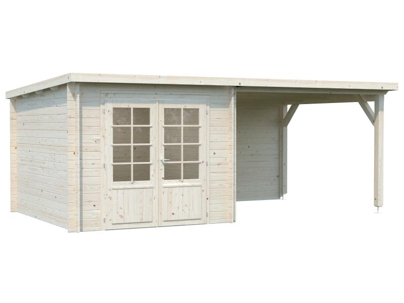Palmako Blockbohlenhaus Ella 6,9 + 8,2 mit Anbaudach und Rückwand 28 mm transparente Tauchgrundierun