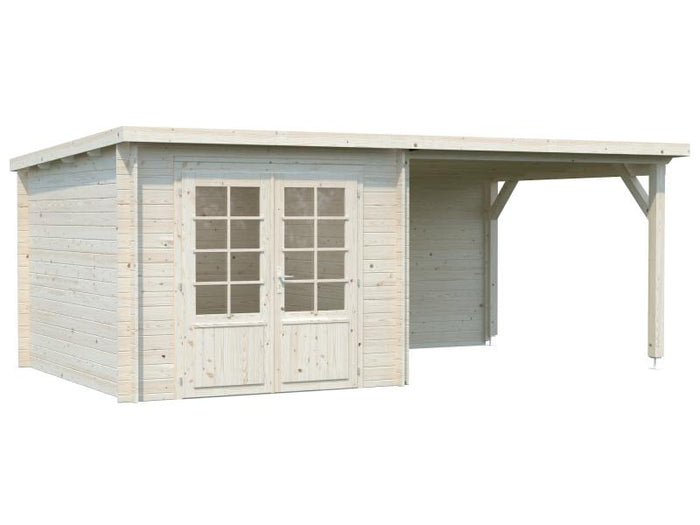 Palmako Blockbohlenhaus Ella 6,9 + 8,2 mit Anbaudach und Rückwand 28 mm transparente Tauchgrundierun