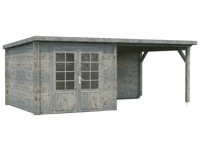 Palmako Blockbohlenhaus Ella 6,9 + 8,2 mit Anbaudach und Rückwand 28 mm graue Tauchgrundierung