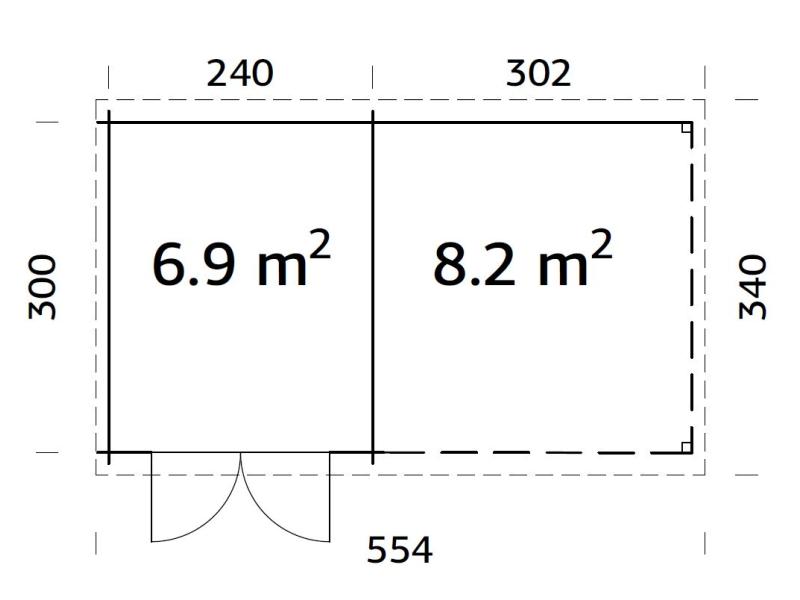 Palmako Blockbohlenhaus Ella 6,9 + 8,2 mit Anbaudach und Rückwand 28 mm graue Tauchgrundierung