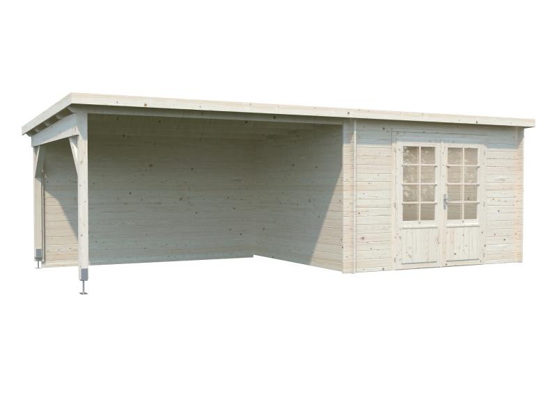 Palmako Blockbohlenhaus Ella 8,7 + 10,0 mit Anbaudach und Rückwand 28 mm natur