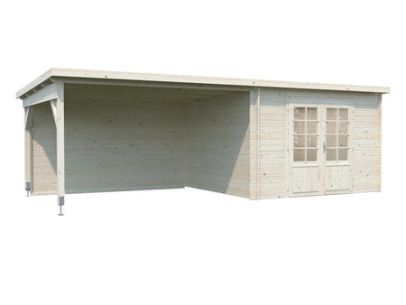 Palmako Blockbohlenhaus Ella 8,7 + 10,0 mit Anbaudach und Rückwand 28 mm natur