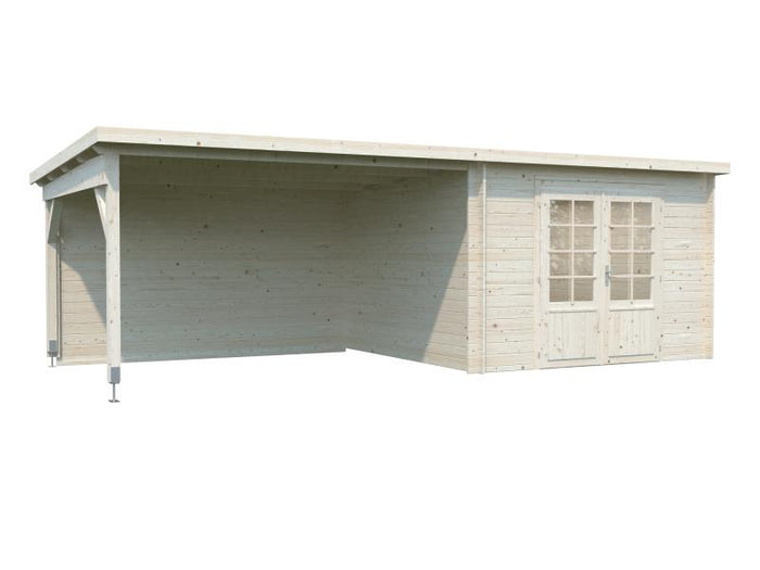 Palmako Blockbohlenhaus Ella 8,7 + 10,0 mit Anbaudach und Rückwand 28 mm natur