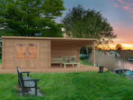 Palmako Blockbohlenhaus Ella 8,7 + 10,0 mit Anbaudach und Rückwand 28 mm braune Tauchgrundierung