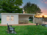 Palmako Blockbohlenhaus Ella 8,7 + 10,0 mit Anbaudach und Rückwand 28 mm transparente Tauchgrundieru