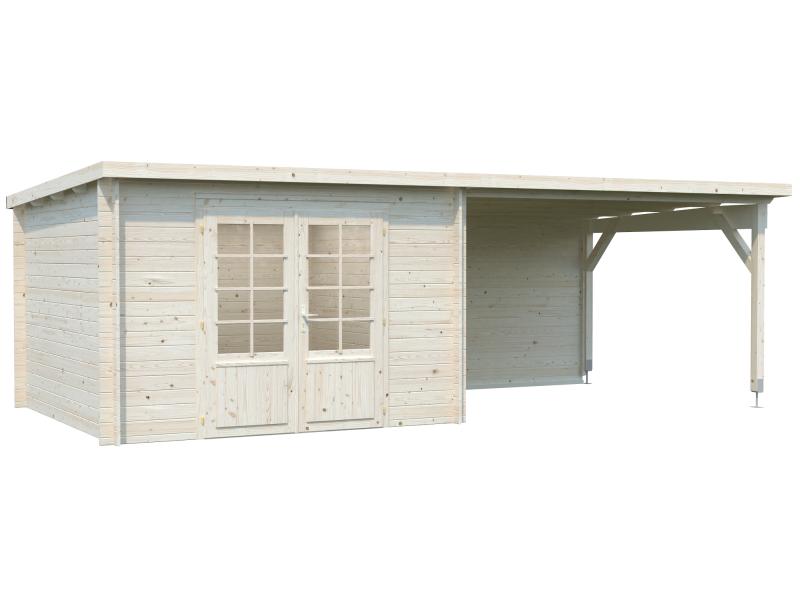 Palmako Blockbohlenhaus Ella 8,7 + 10,0 mit Anbaudach und Rückwand 28 mm transparente Tauchgrundieru