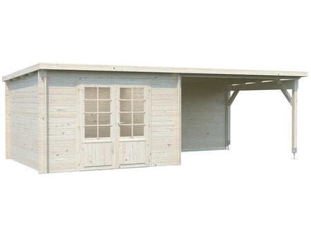 Palmako Blockbohlenhaus Ella 8,7 + 10,0 mit Anbaudach und Rückwand 28 mm transparente Tauchgrundieru