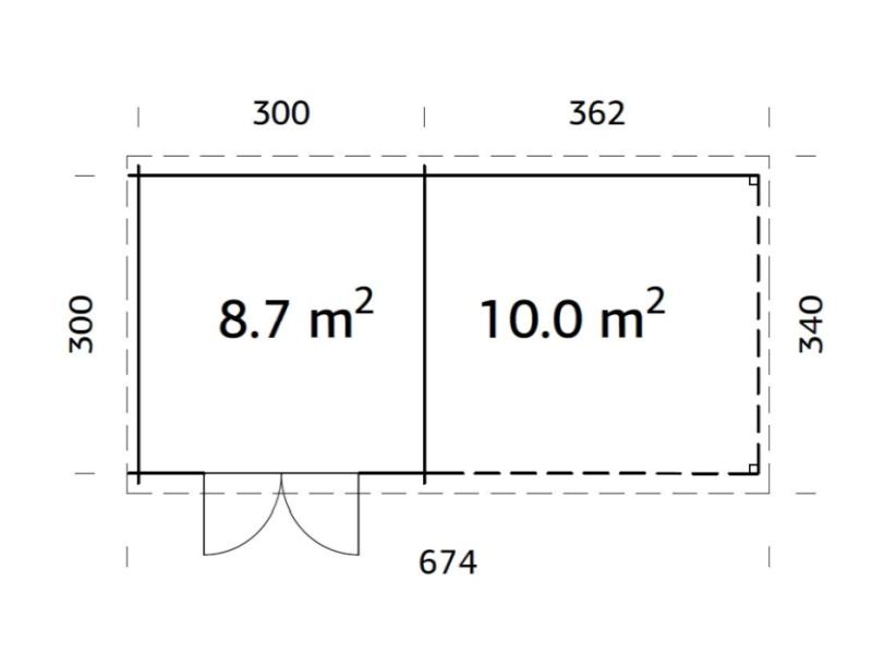 Palmako Blockbohlenhaus Ella 8,7 + 10,0 mit Anbaudach und Rückwand 28 mm graue Tauchgrundierung