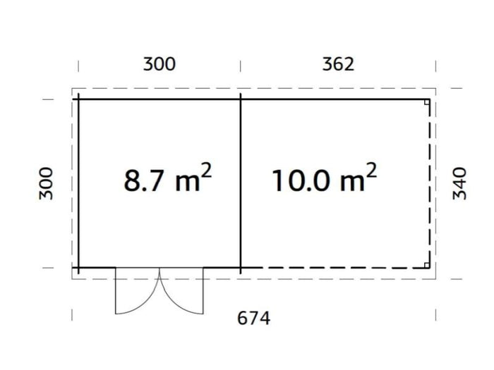 Palmako Blockbohlenhaus Ella 8,7 + 10,0 mit Anbaudach und Rückwand 28 mm graue Tauchgrundierung
