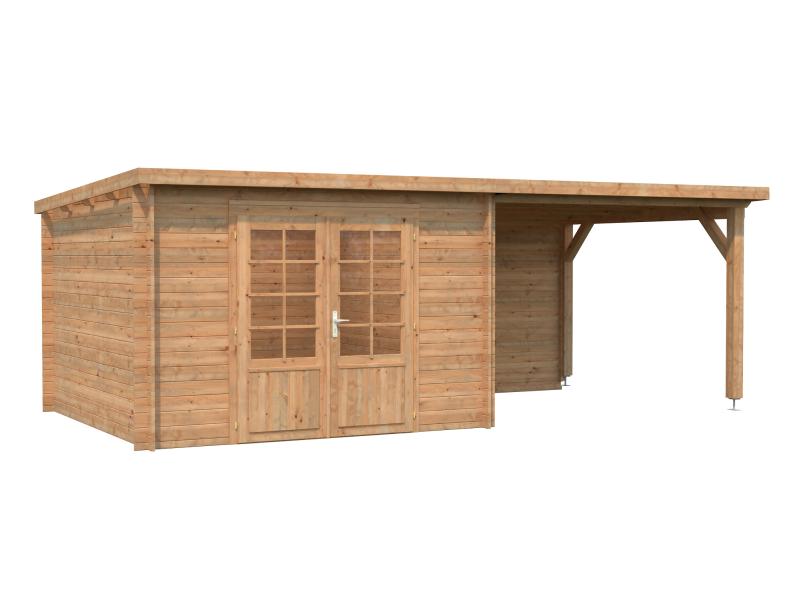 Palmako Blockbohlenhaus Ella 8,7 + 8,2 mit Anbaudach und Rückwand 28 mm braune Tauchgrundierung