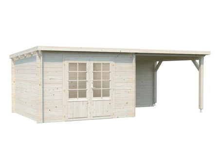 Palmako Blockbohlenhaus Ella 8,7 + 8,2 mit Anbaudach und Rückwand 28 mm transparente Tauchgrundierun